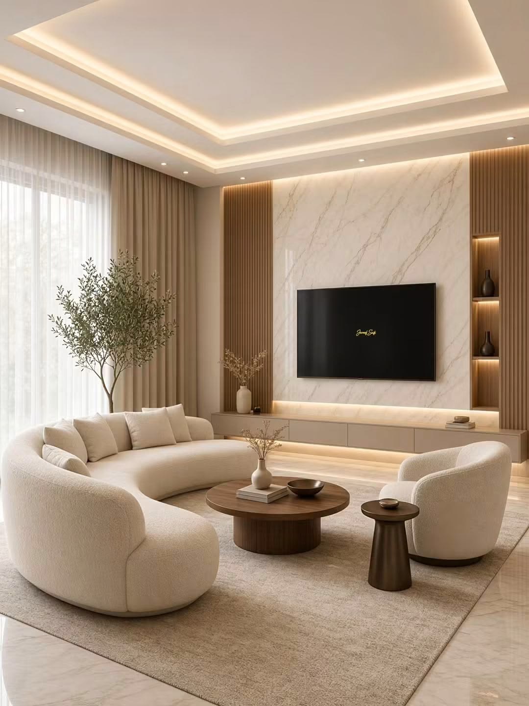 Luxury Drawing Room with Bookmatched Marble TV Backdrop & Fluted Slats #56